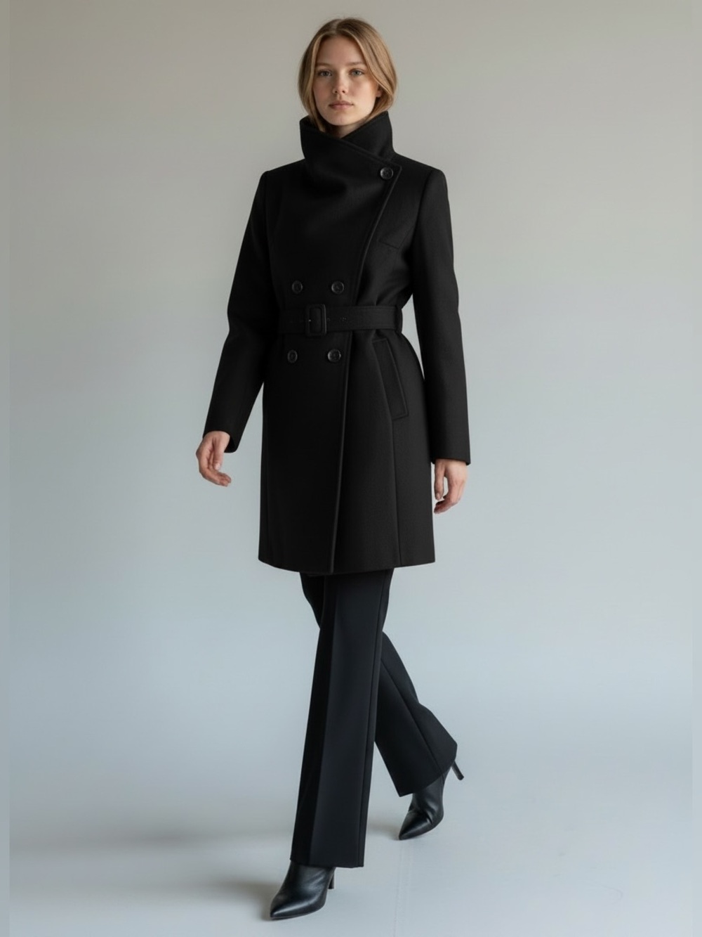 Ricki’s Wool Blend Wrap Coat Double Breasted Belted Black Size XS